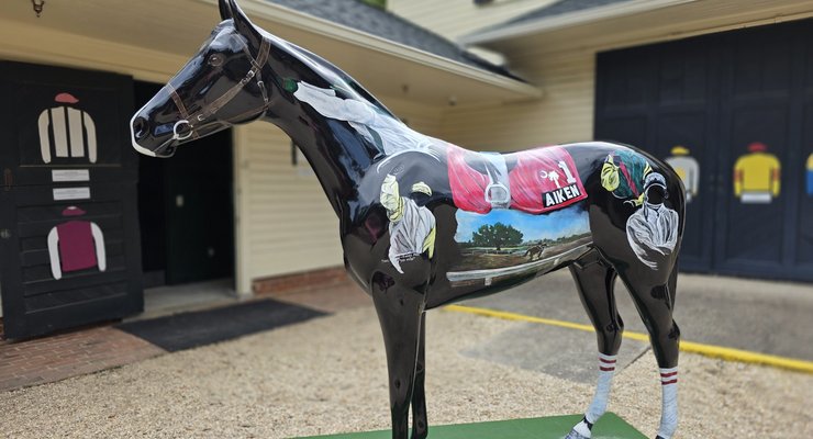 Decorated Horseplay horse statue painted with Aiken racing scenes at Hopelands Gardens