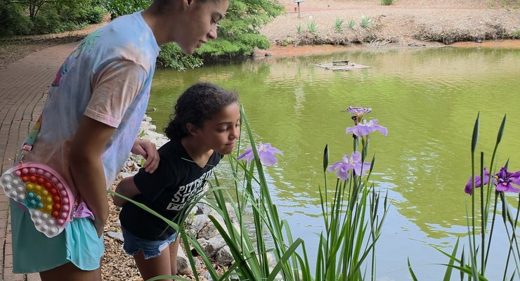 Children watching turtles swim in the pond at Hopelands Gardens, Aiken, SC