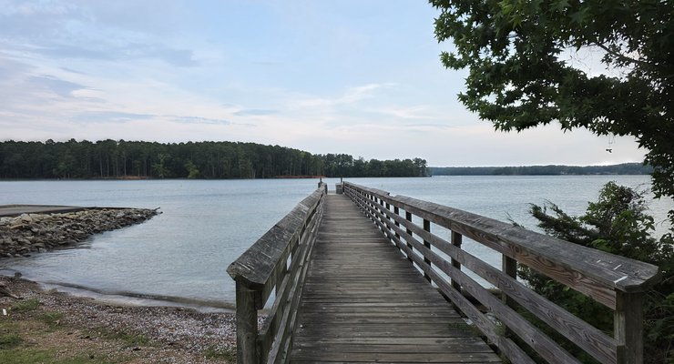 Wooden dock extending over Lake Murray at Dreher Island State Park in South Carolina