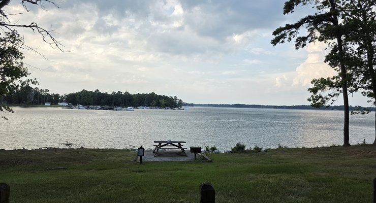 View of Lake Murray with picnic area and marina from Dreher Island State Park in Prosperity SC