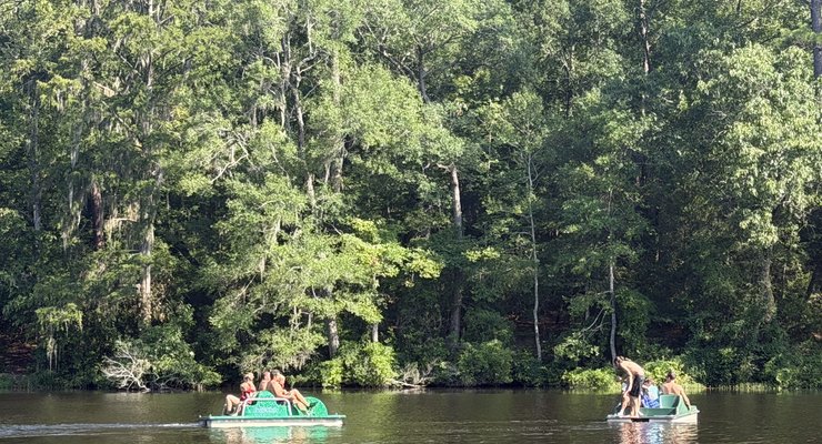 Families enjoying Levi Mill Lake at Poinsett State Park with trees reflecting on calm water