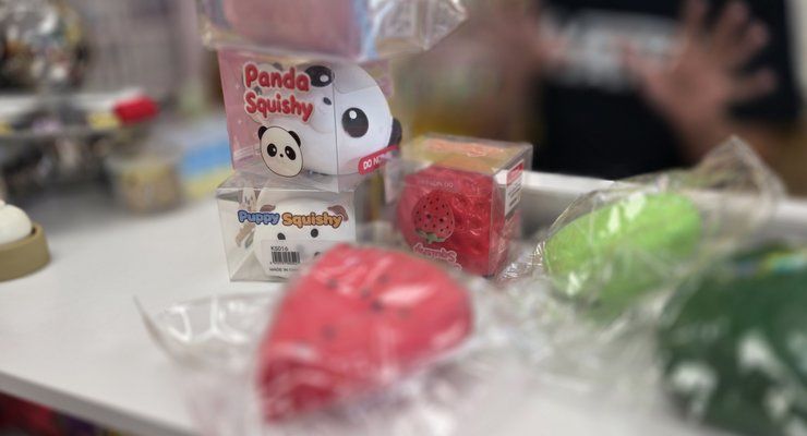 Panda squishy and colorful squishy testers on the counter at Linga Binga in Chapin, SC