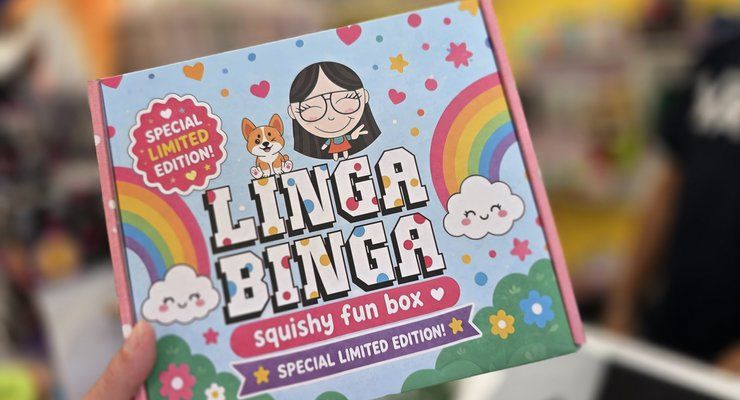 Hand holding a Linga Binga squishy fun box special limited edition
